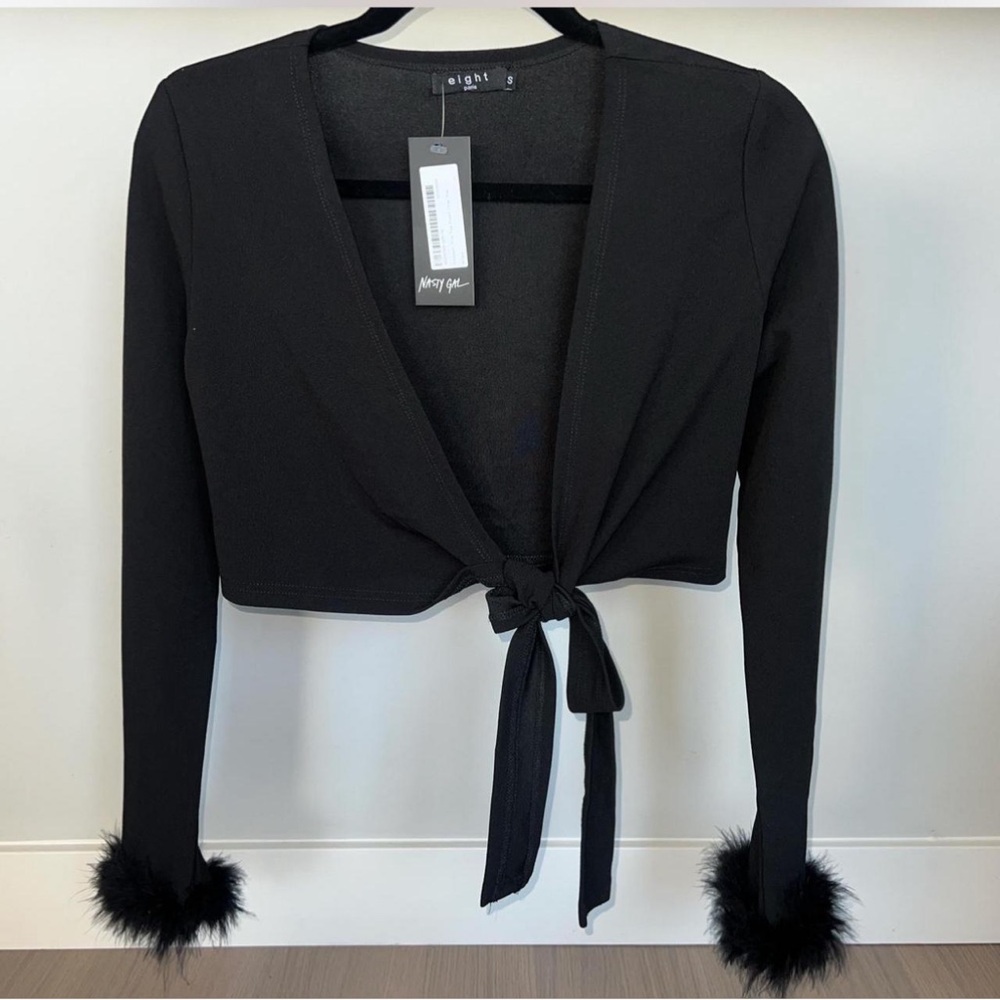 Nasty Gal Feather Trim Tie Front Crop Top